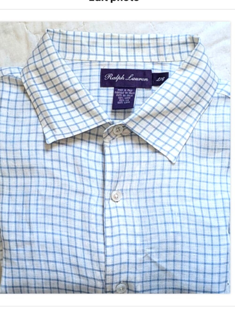 Ralph Lauren Purple Label 100% Linen Men's White/Blue Tattersall Check Shirt L